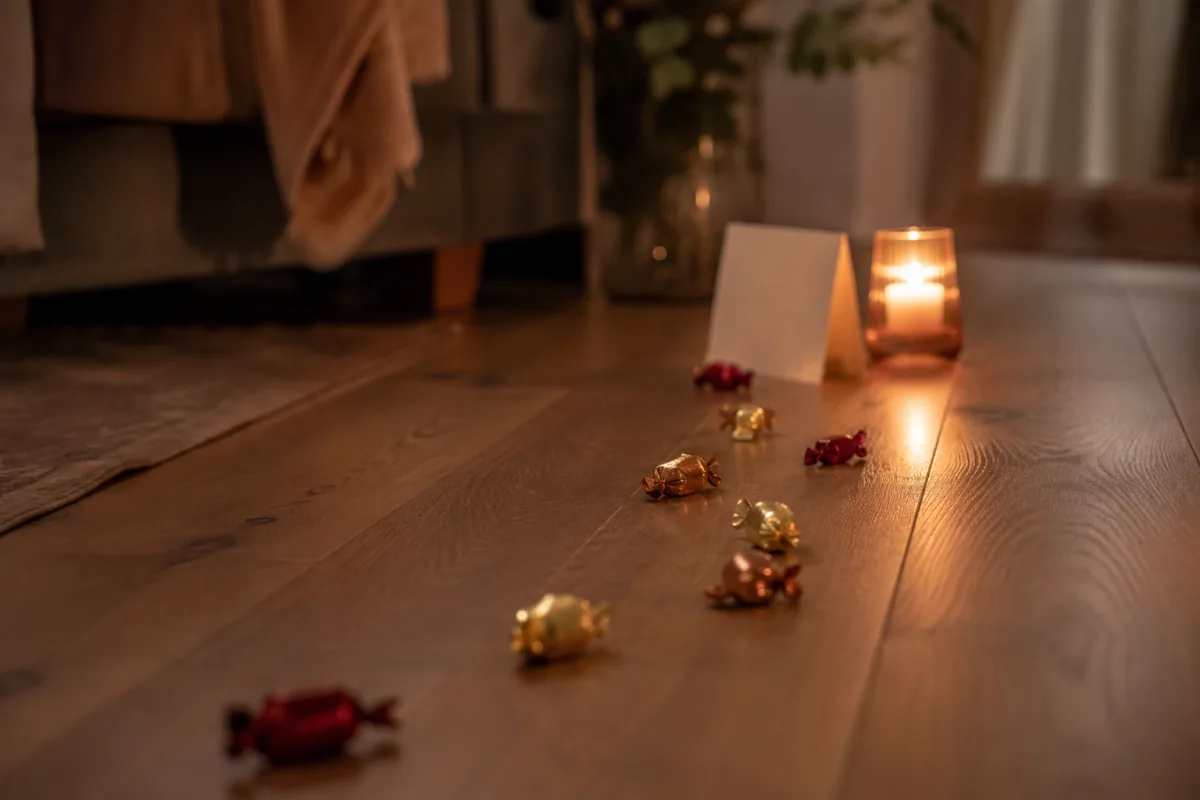Wrapped chocolate kisses forming a romantic trail
