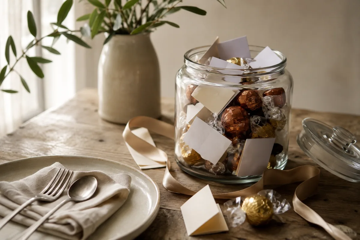 Jar of wrapped chocolates with folded love notes