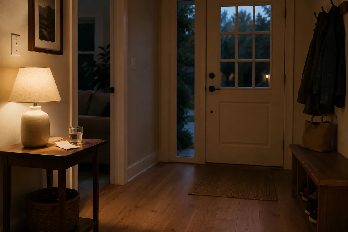 Warm entryway with suitcase space, lamp light, and a glass of water ready