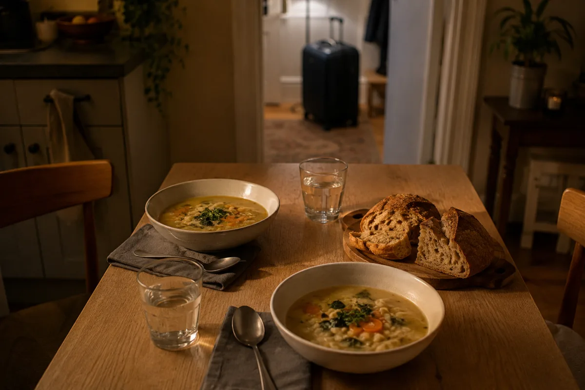 Simple welcome-home dinner set for two on a small kitchen table