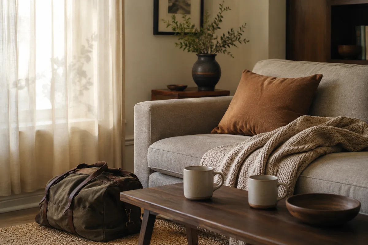 Couple's travel bag beside two mugs and a folded blanket on a sofa