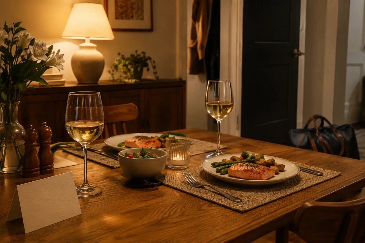 Calm romantic homecoming setup with dinner and soft light