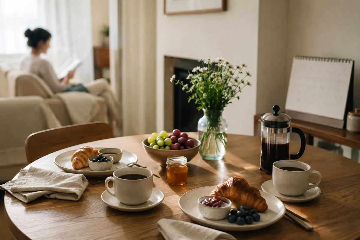 Couple planning a quiet next-day breakfast after reunion