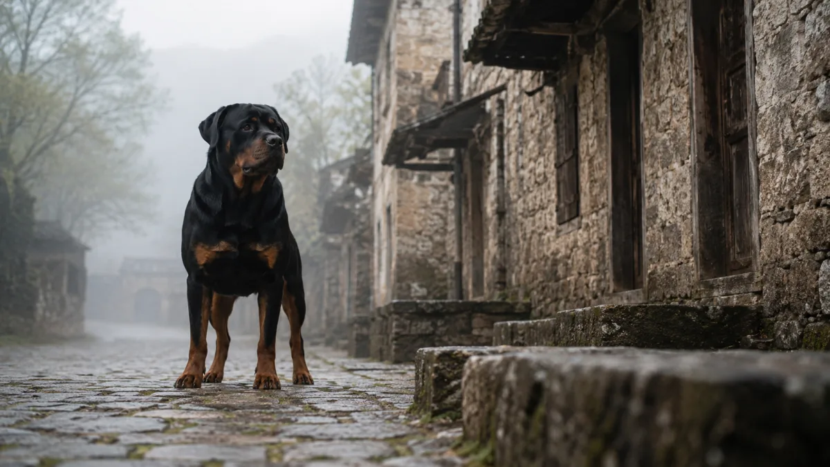 A Rottweiler standing alert in a rustic German countryside setting with historic stone buildings in the background