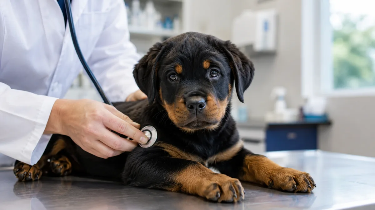 A veterinarian examining a Rottweiler puppy on a clinical examination table
