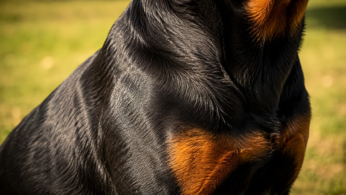 Close-up of a Rottweiler's glossy black and mahogany coat in natural sunlight