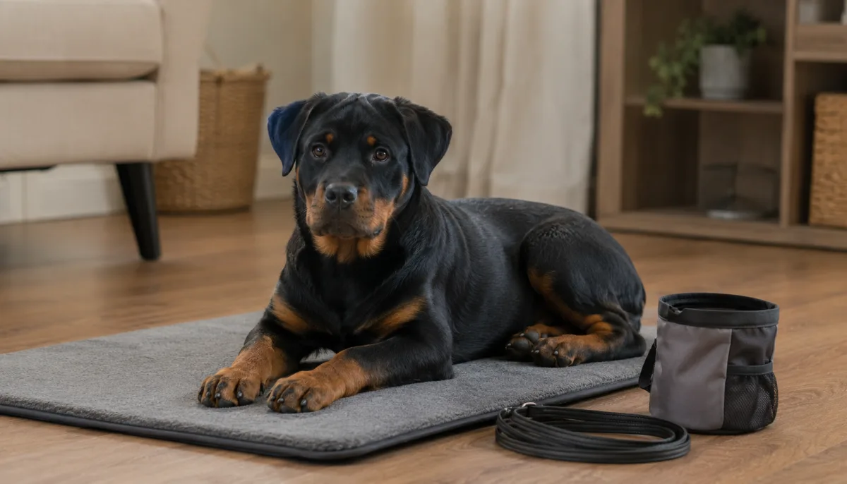 Rottweiler practicing mat settling in a quiet living room