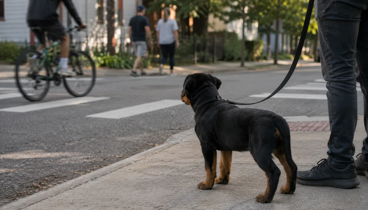 Rottweiler puppy observing a calm street from a safe distance