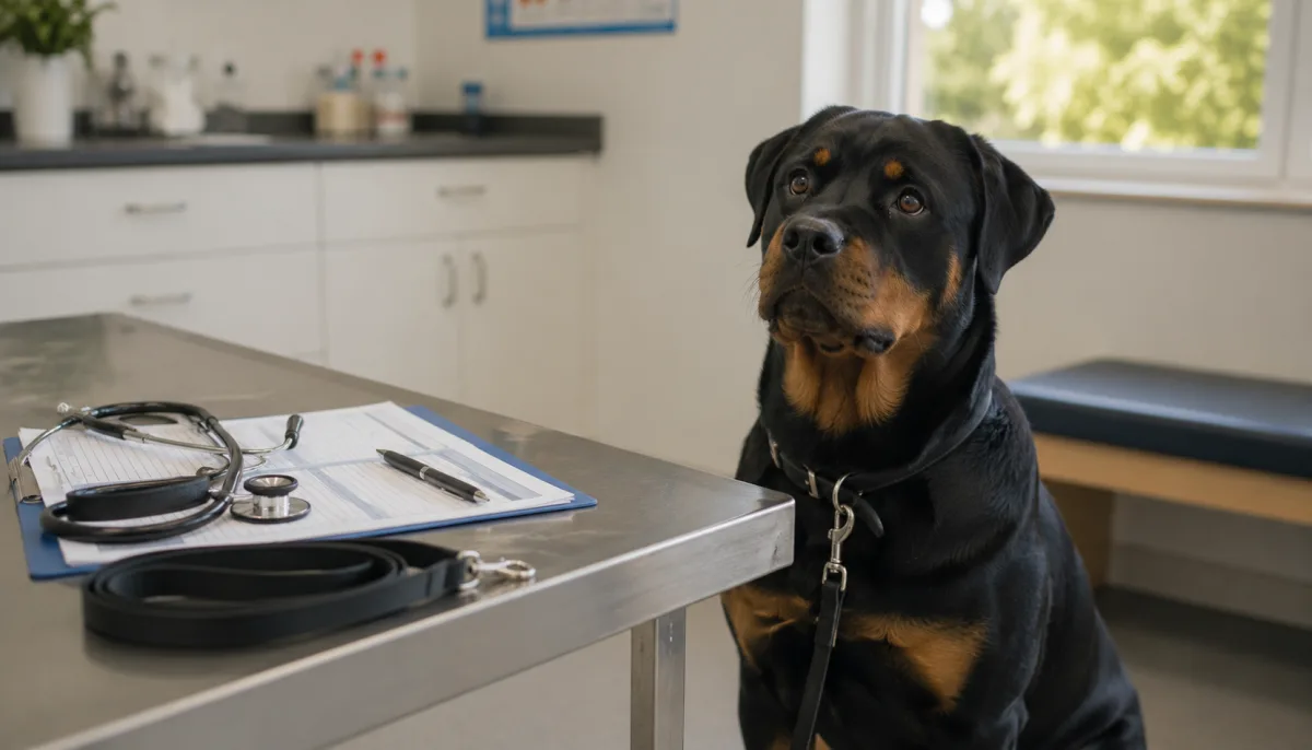 Large dog health records and stethoscope on a veterinary table