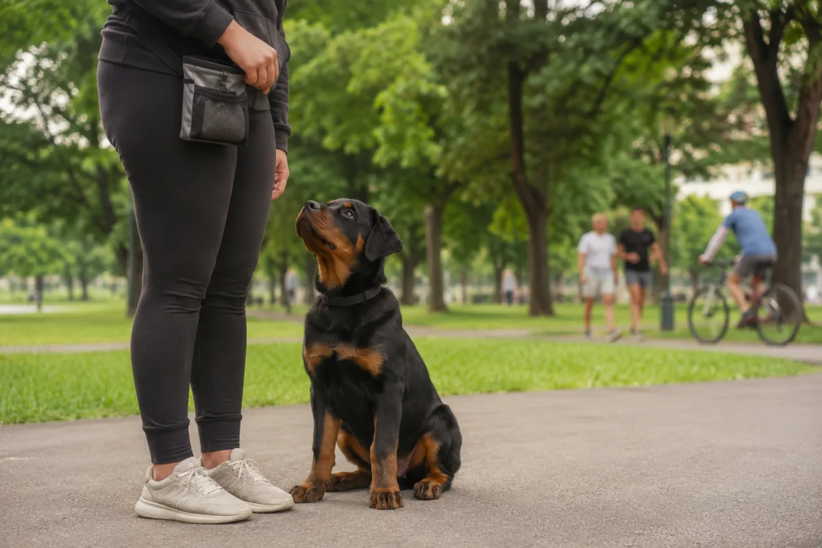 Rottweiler puppy practicing calm socialization near people