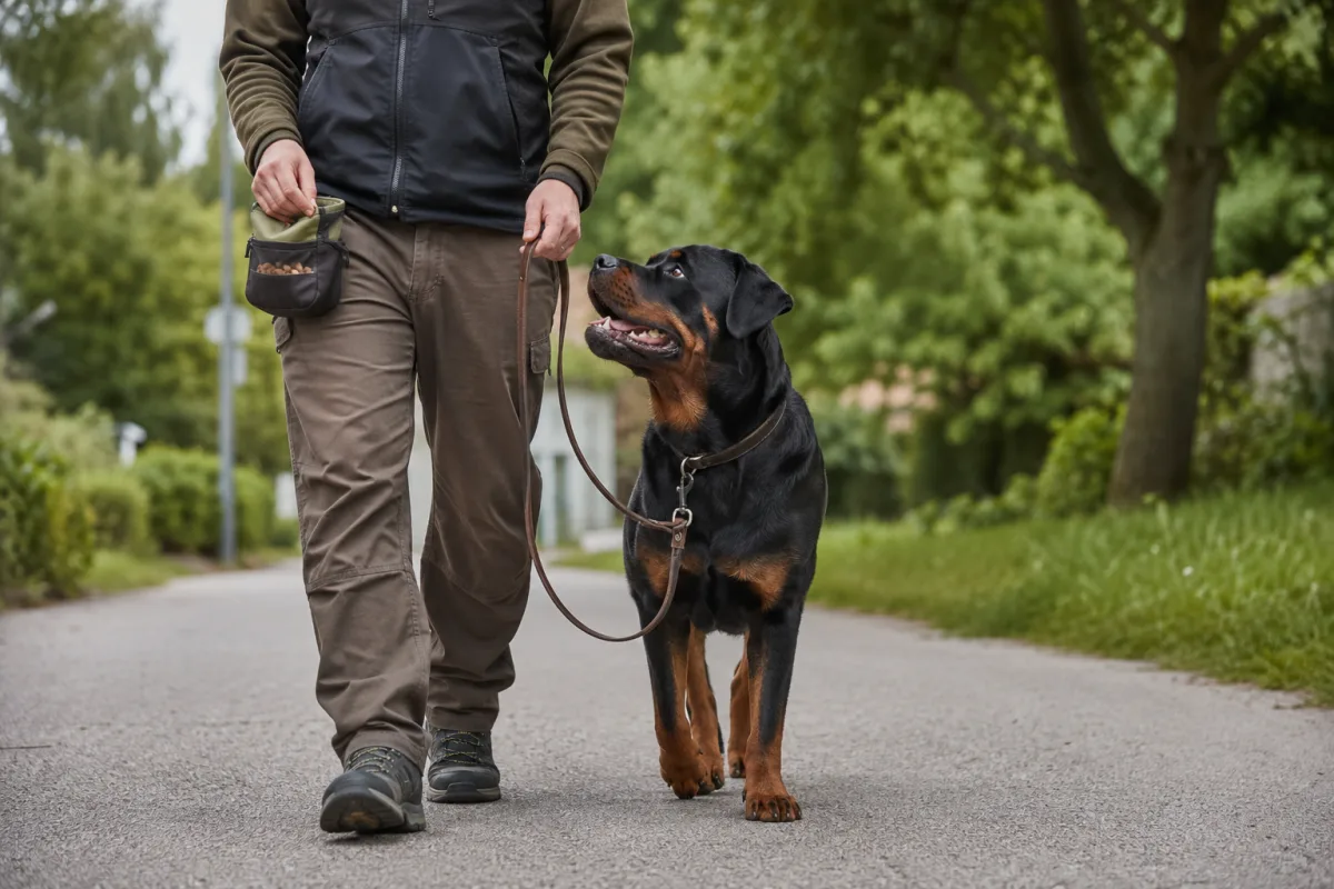 Rottweiler loose leash walking practice