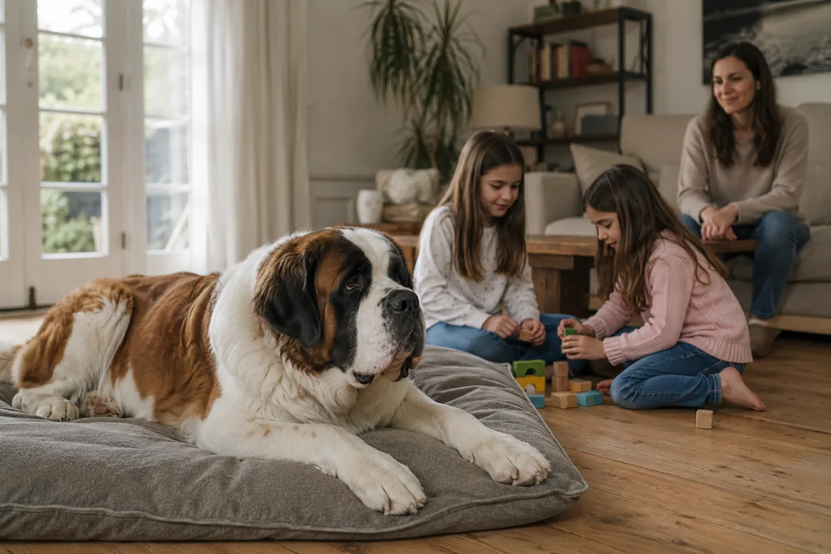 Saint Bernard calmly lying near supervised family play