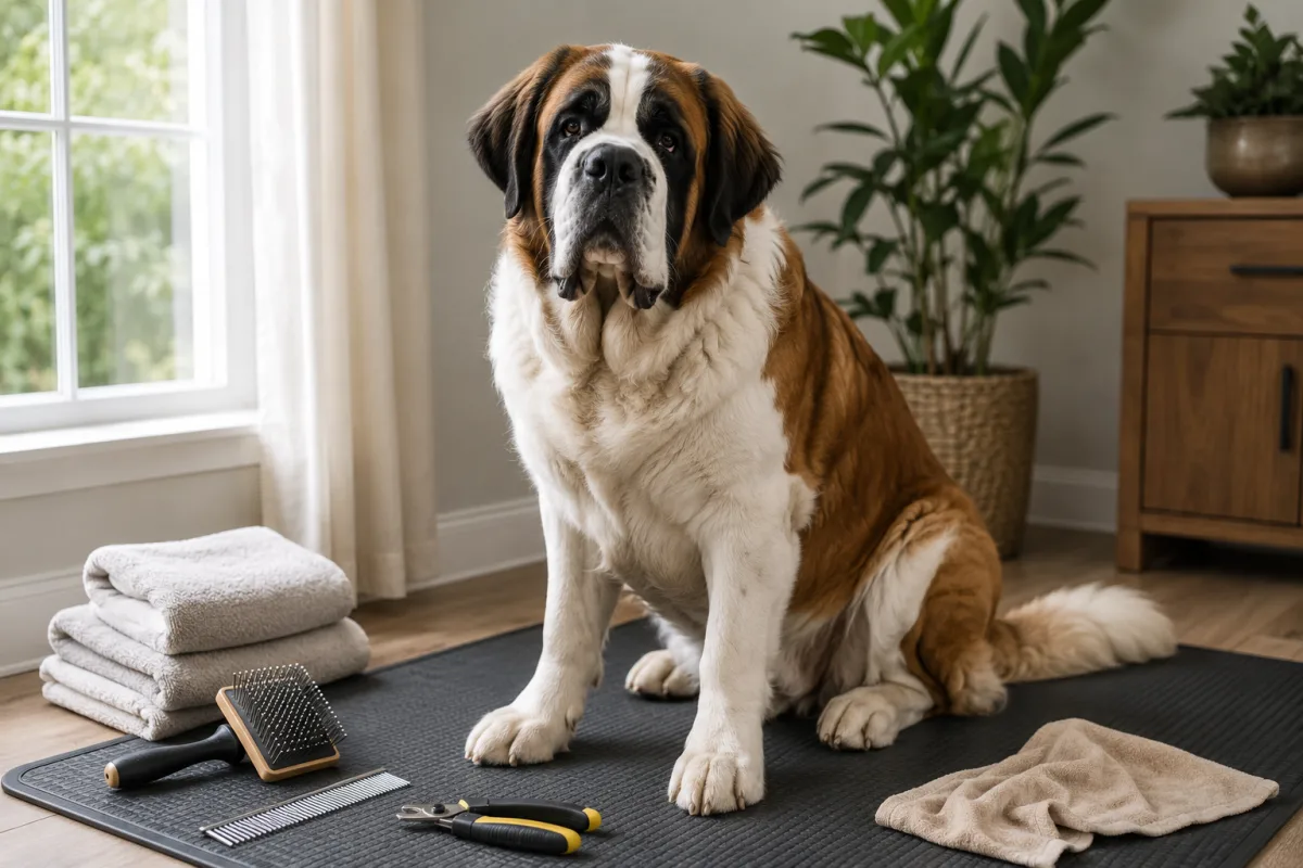 Saint Bernard grooming tools beside a large dog