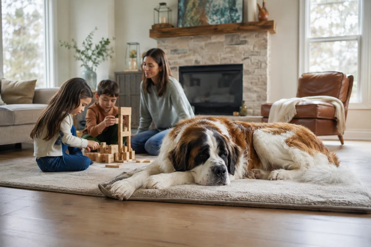 Saint Bernard resting calmly near supervised children