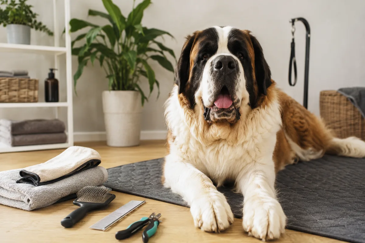 Saint Bernard grooming session with brush and towel