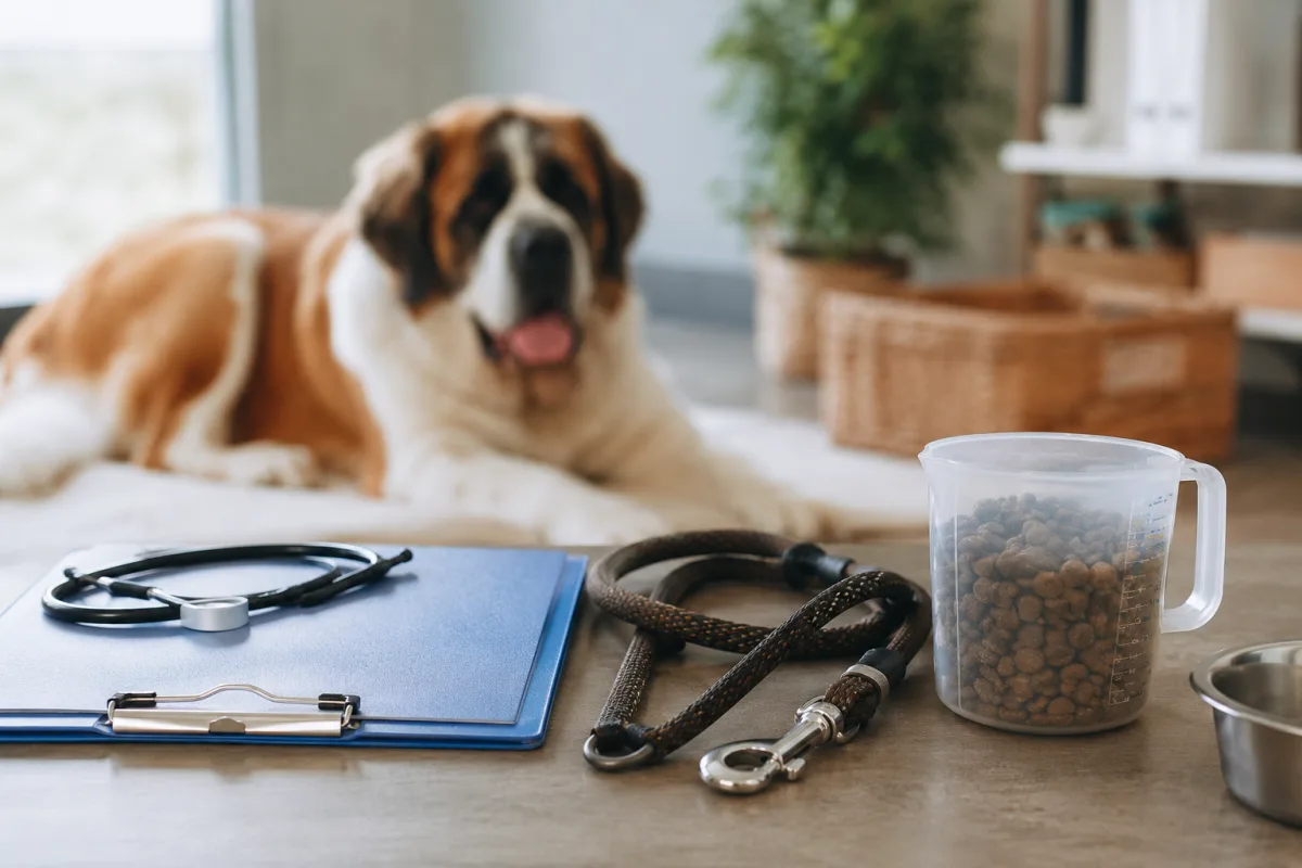 Saint Bernard health folder and large dog leash