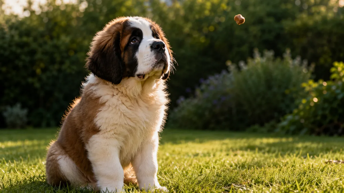 Saint Bernard puppy sitting attentively during an outdoor training session