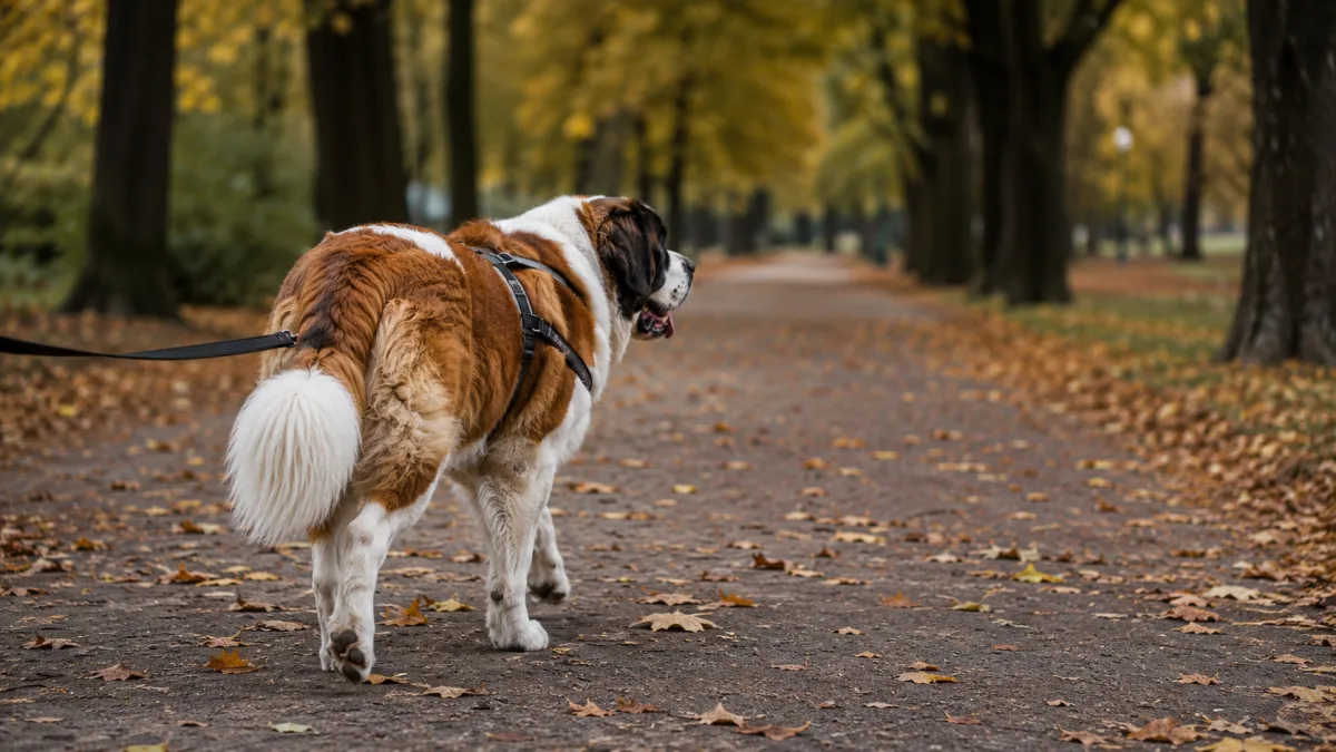 Adult Saint Bernard walking calmly on a loose leash in a park