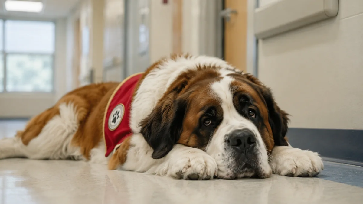 Calm Saint Bernard resting quietly in a therapy visit setting