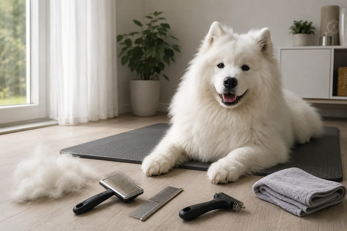 Samoyed grooming tools beside a white dog on a mat
