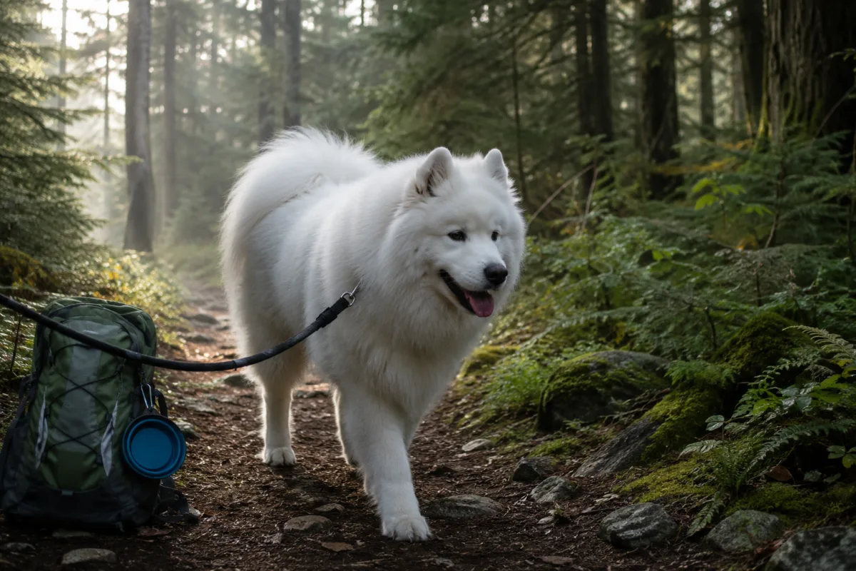 Samoyed walking on a shaded trail in cool morning light