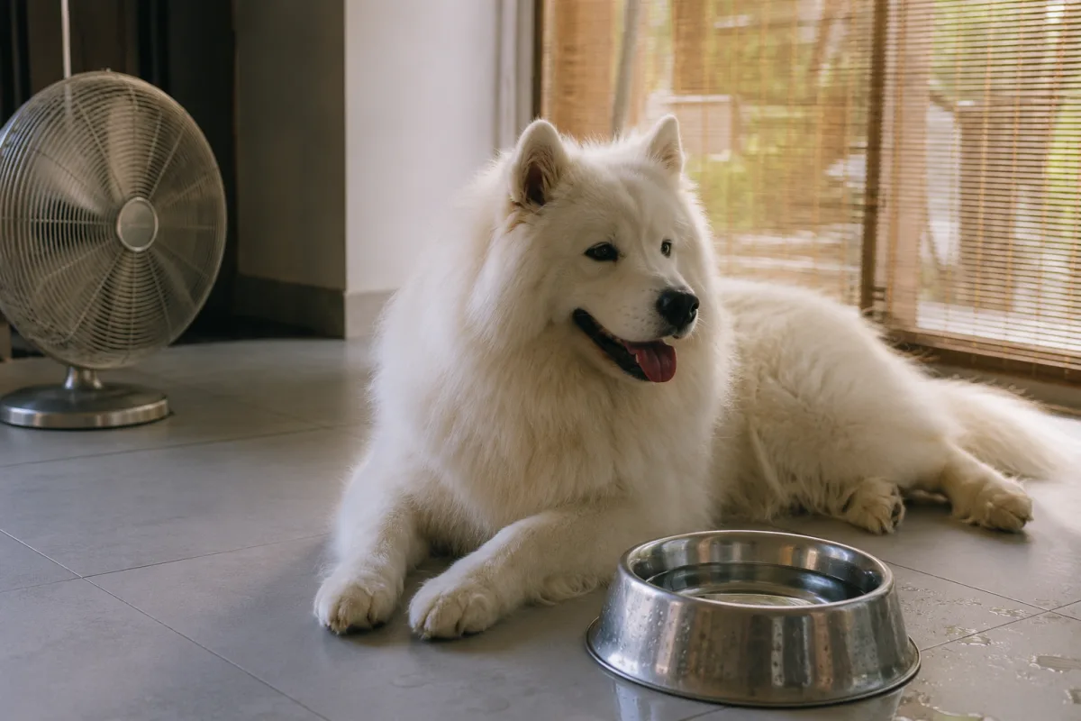 Samoyed resting indoors on cool tile near water