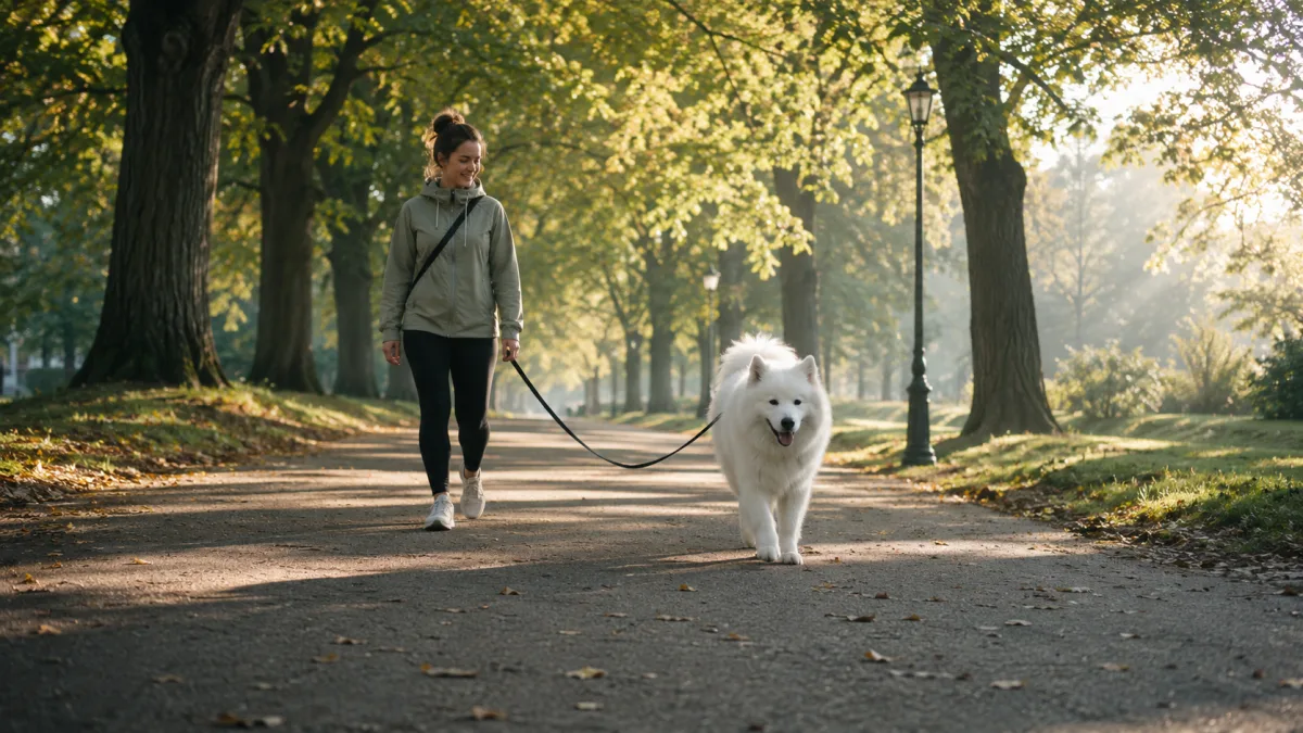 Samoyed dog walking on leash in a park, practicing loose-leash walking with owner