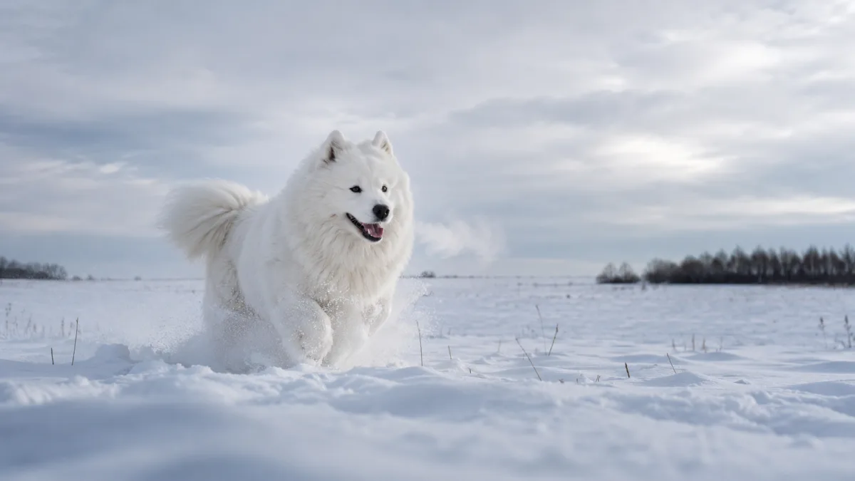Samoyed dog running through snow in a winter landscape, exercising outdoors