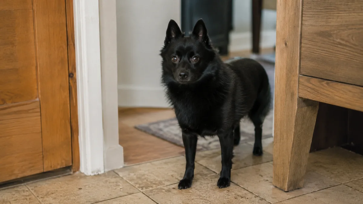 Alert black Schipperke standing in a home doorway