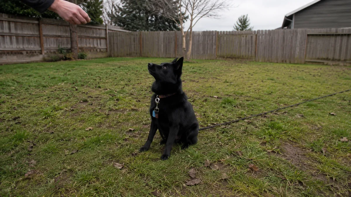 Schipperke training with treats in a fenced yard