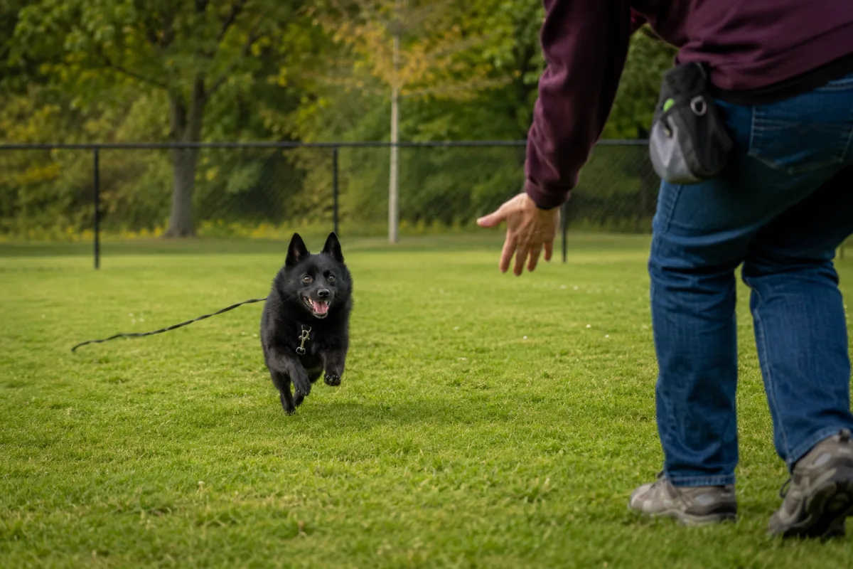 Schipperke practicing recall on a long line