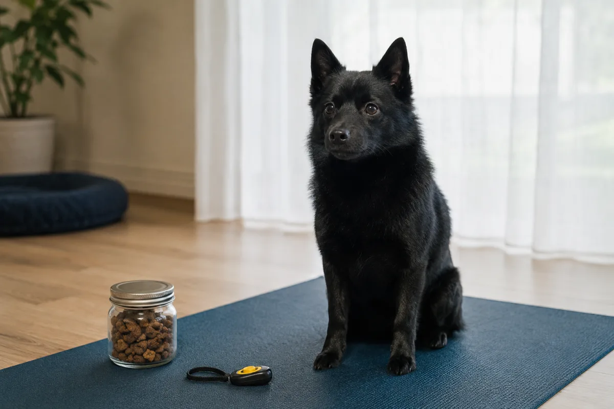 Schipperke settling on a mat away from a window
