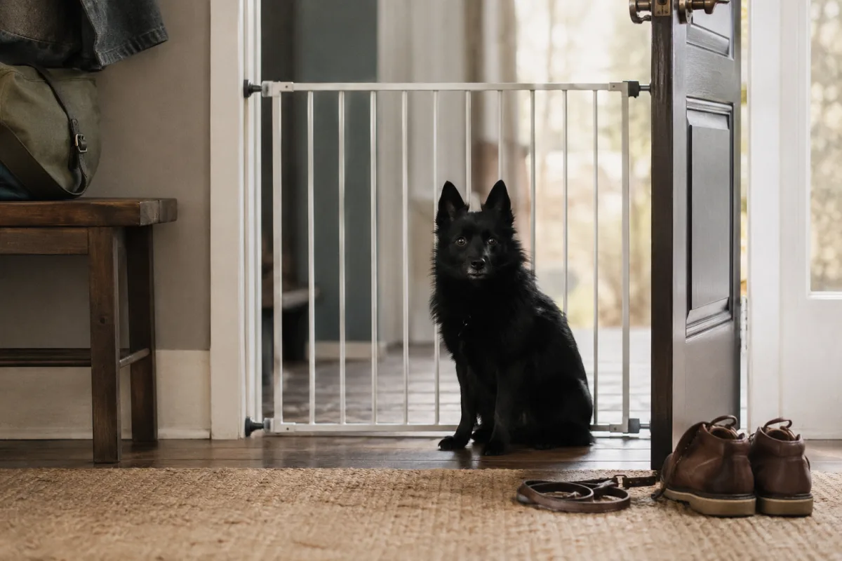 Schipperke waiting calmly at an open doorway