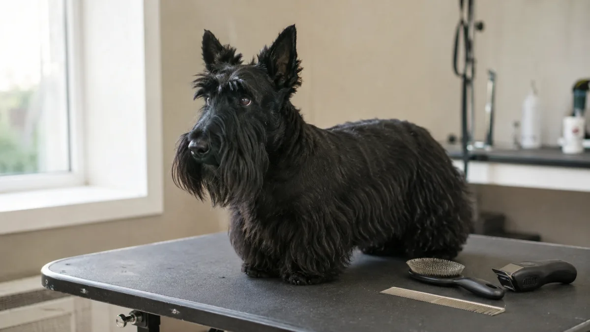 Scottish Terrier grooming tools beside a dark terrier coat