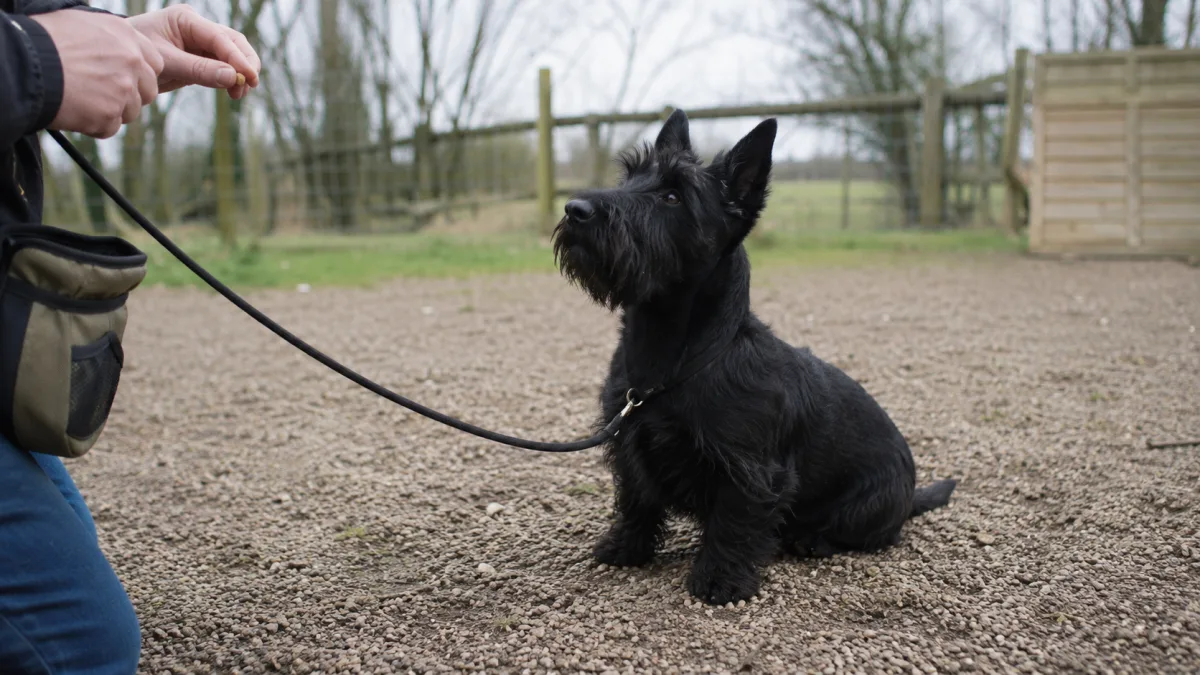 Scottish Terrier practicing leash training in a quiet yard