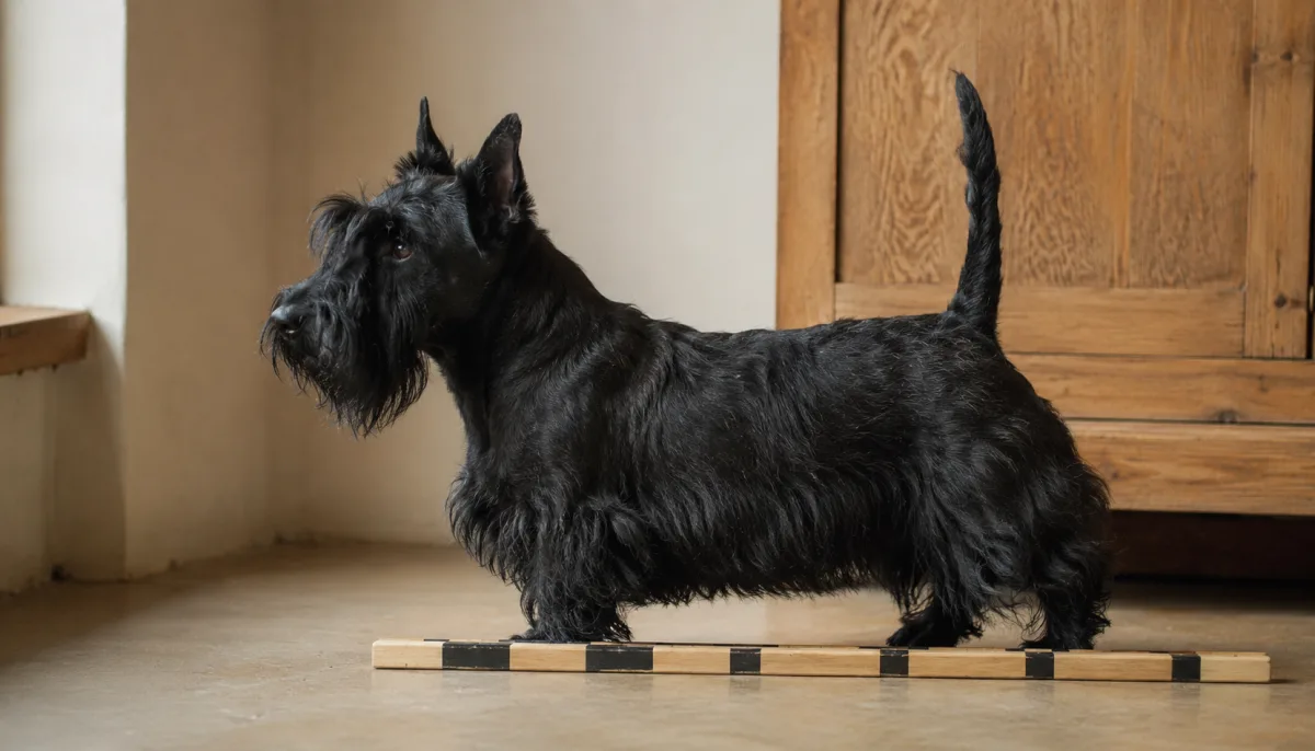 Scottish Terrier standing on a simple floor for scale