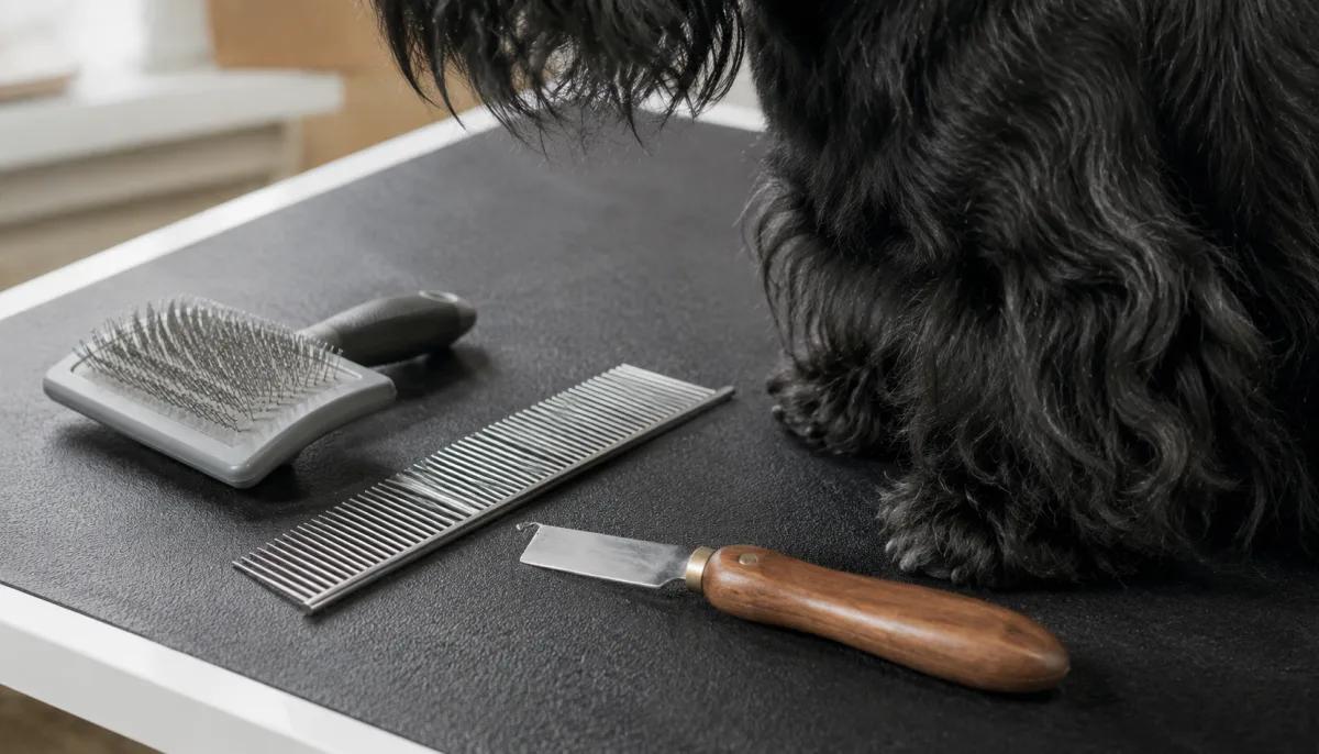 Scottish Terrier grooming tools beside a wiry coat