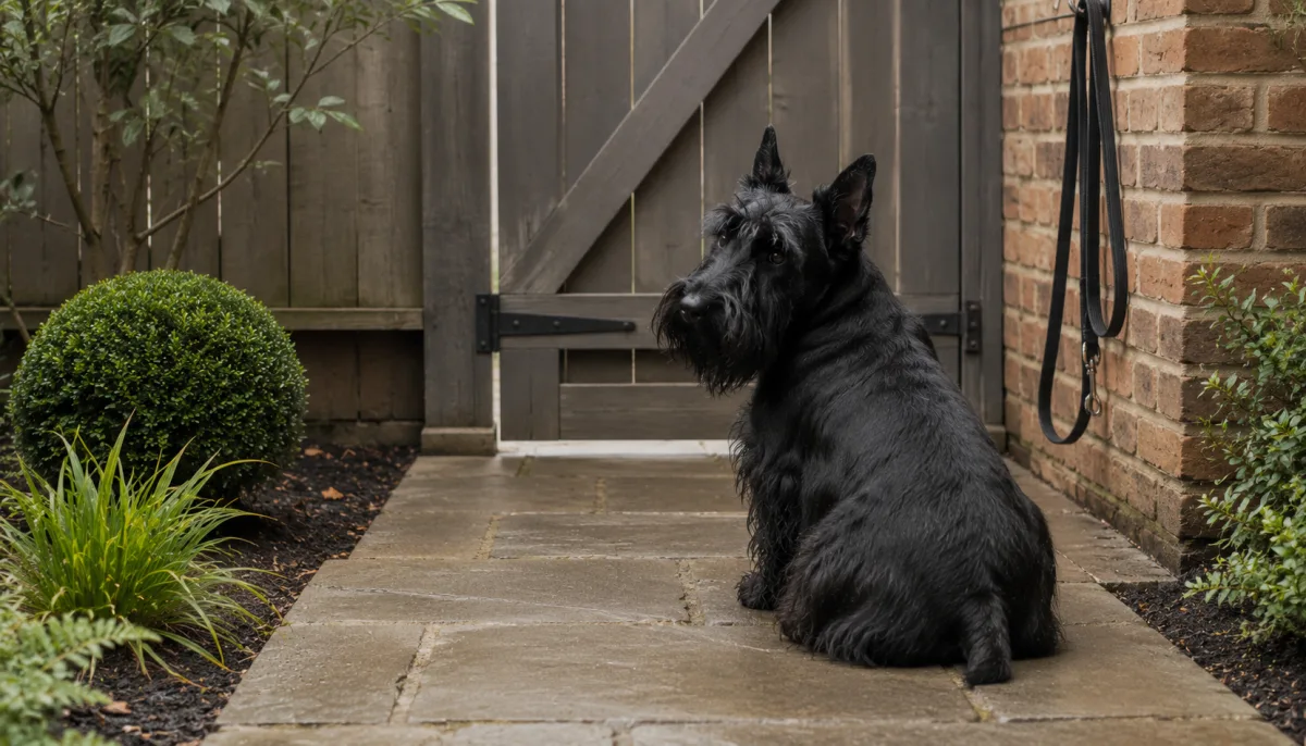 Scottish Terrier resting calmly near a secure garden gate