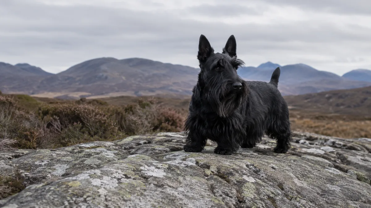 Scottish Terrier standing alert on rocky Highland terrain