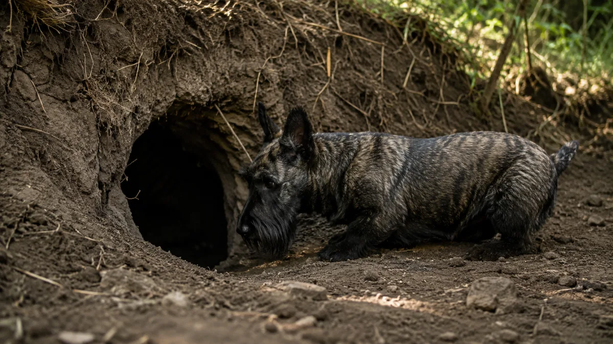 Scottish Terrier at the entrance of an earthdog trial tunnel