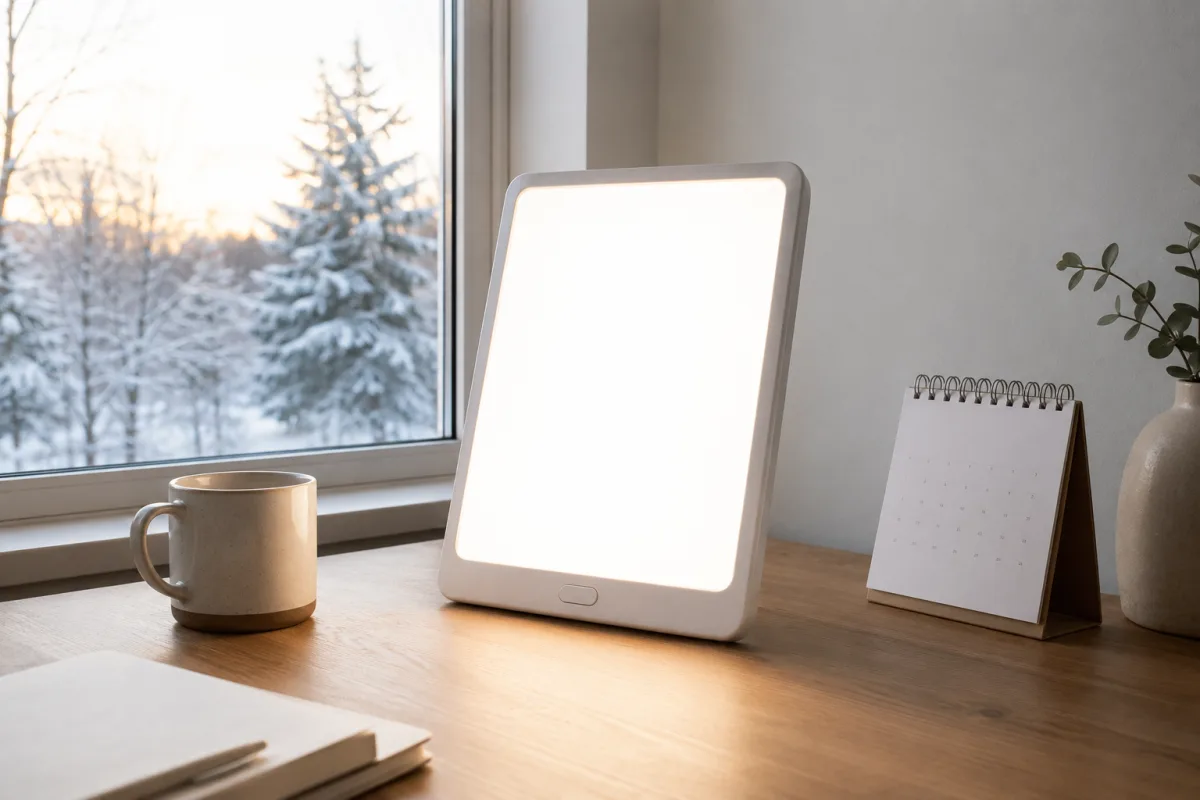 Light therapy box on morning desk