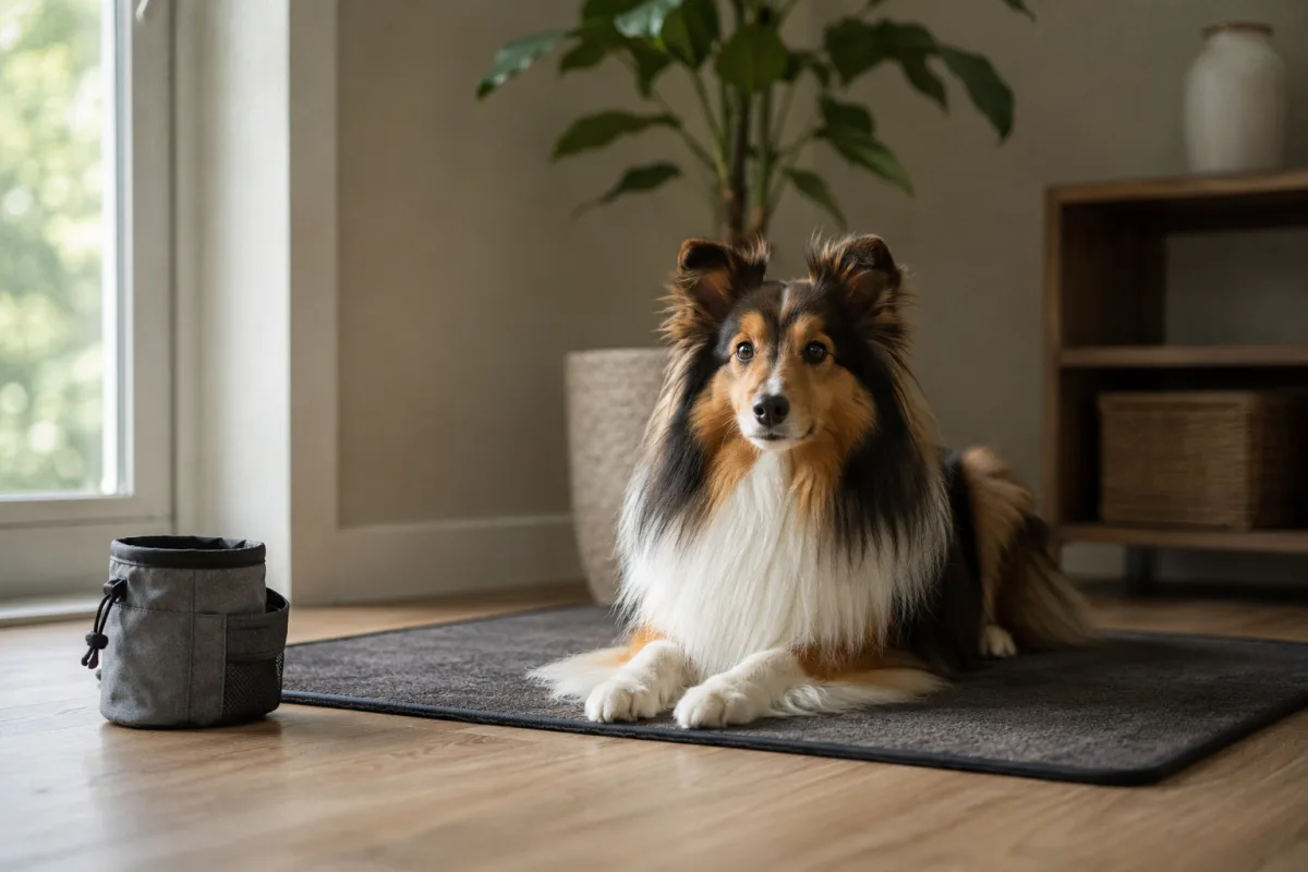 Shetland Sheepdog practicing quiet mat training near a window