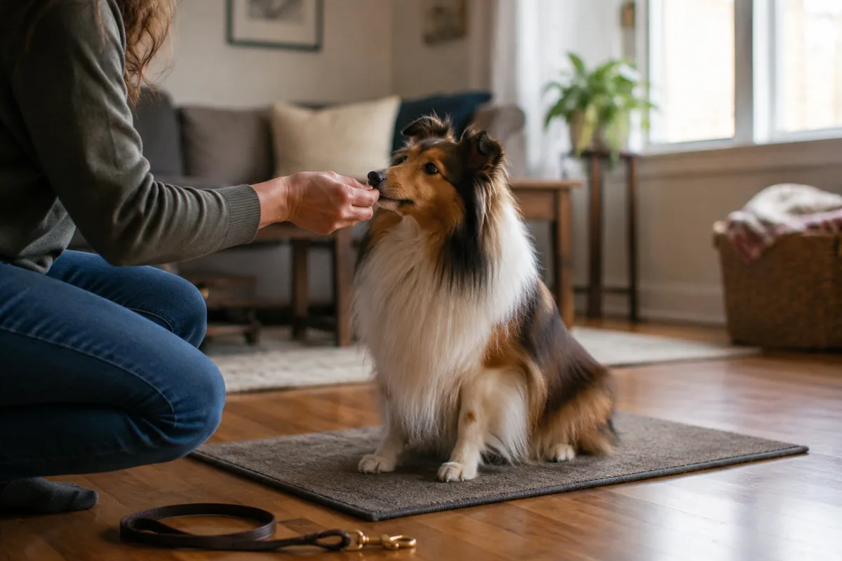 Shetland Sheepdog practicing sit with a trainer in a quiet room