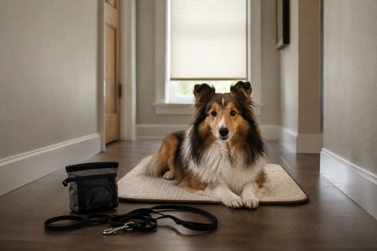 Sheltie resting on mat away from a front window