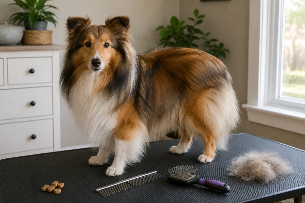 Shetland Sheepdog coat brushing practice with treats