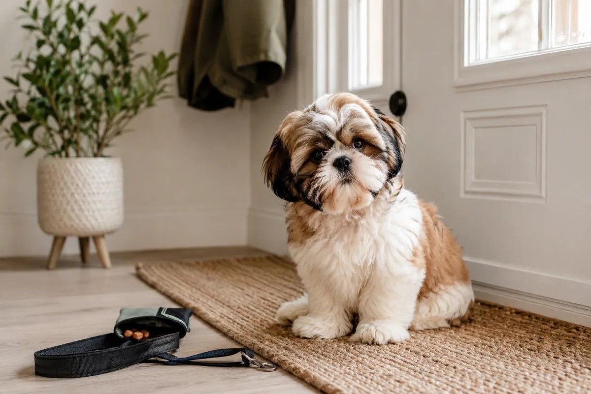 Shih-Tzu puppy practicing house training routine