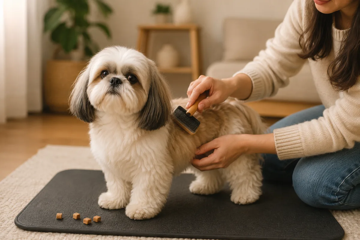Shih-Tzu calmly accepting brushing practice