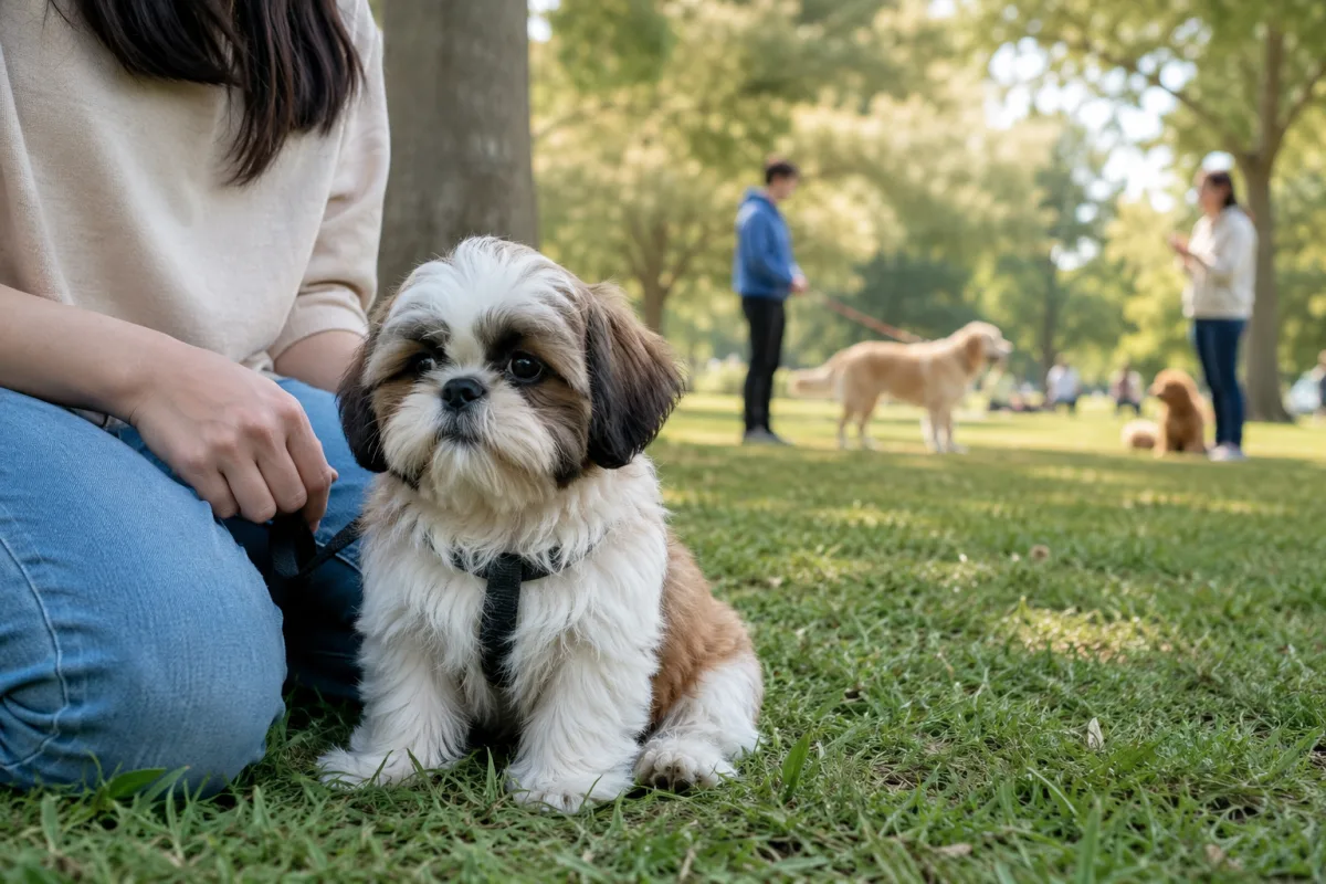 Shih-Tzu puppy calmly socializing in a park