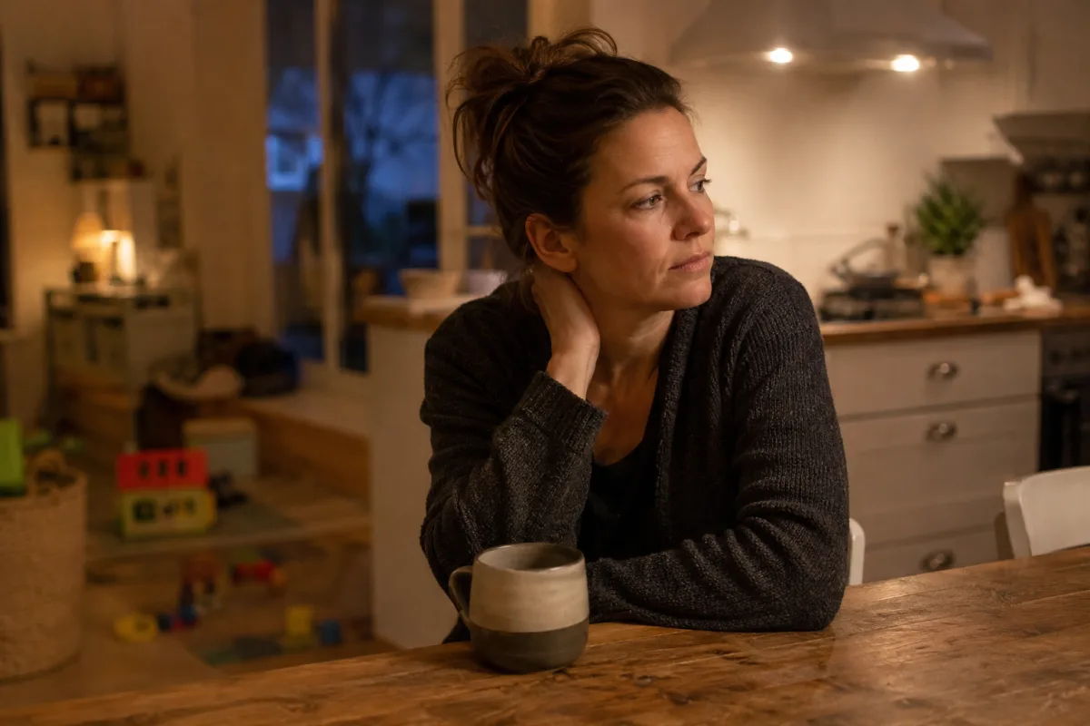 Tired parent sitting quietly after a long day