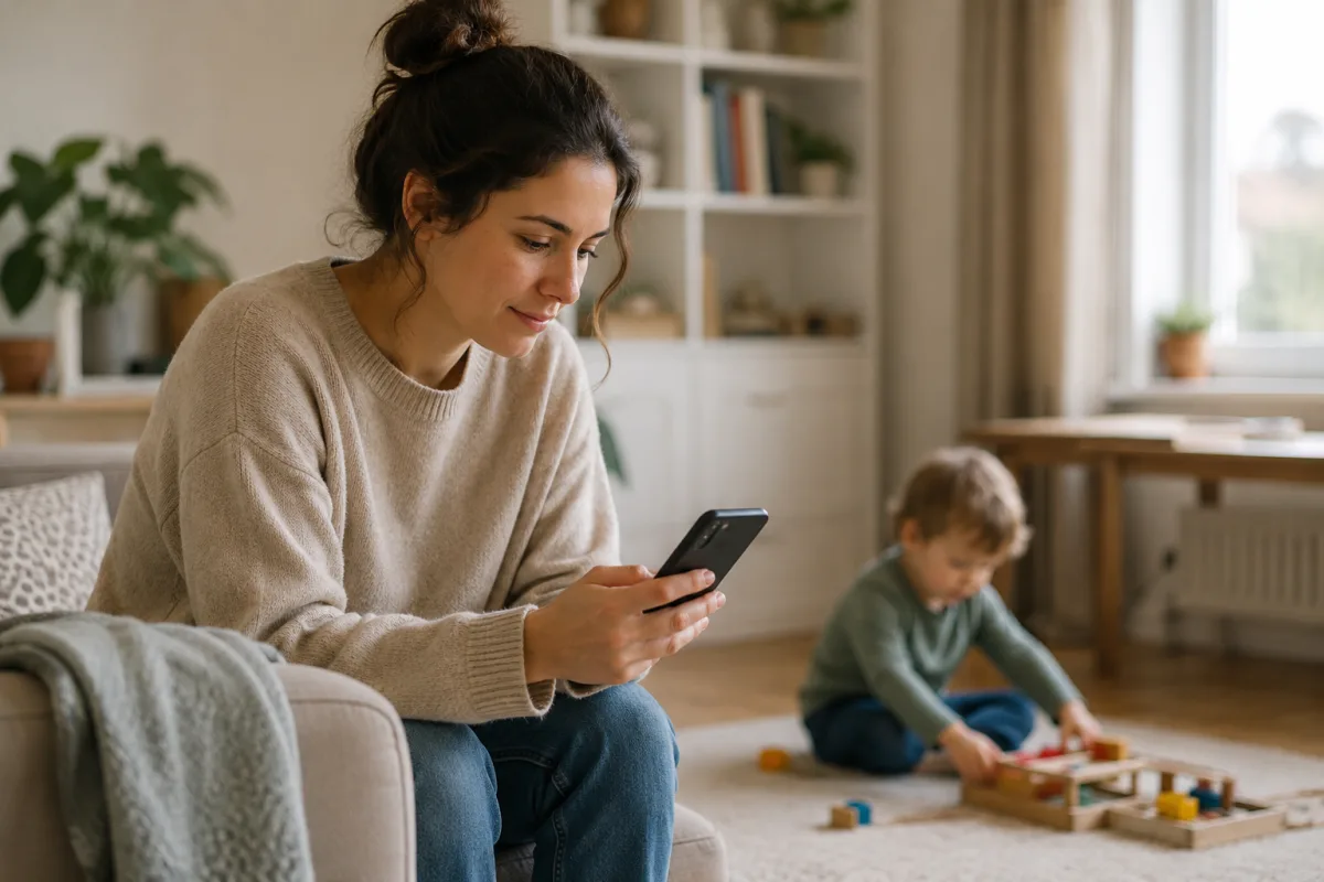 Parent texting for help while child plays nearby